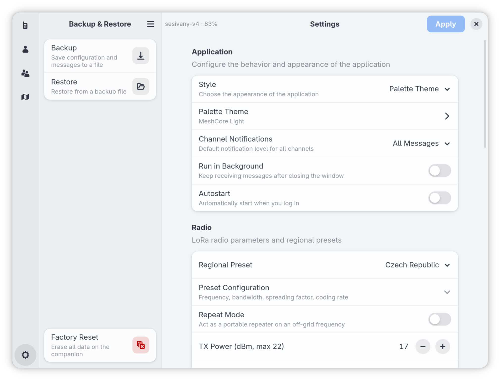 Settings and radio configuration